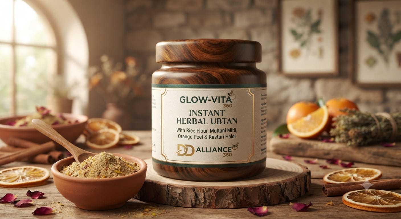 Glow-Vita 360 herbal ubtan with turmeric and orange peel